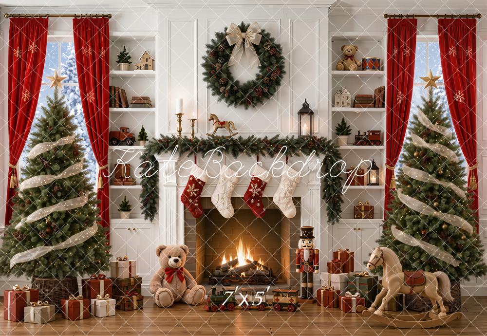 Kate Christmas Fireplace Christmas Tree Presents Rocking Horse Nutcracker Printed Backdrop Designed by Emetselch