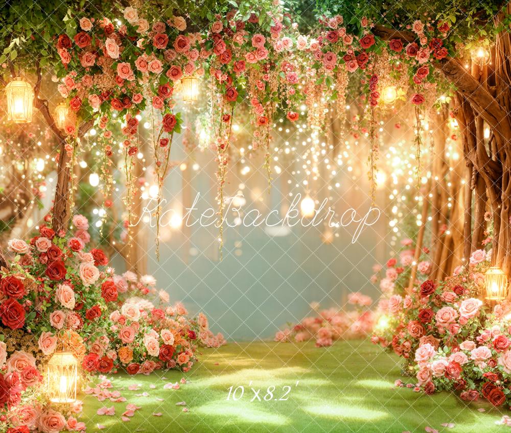 Kate Valentines Romantic Flower Arch Trees Fairy Lights Printed Backdrop Designed by Emetselch