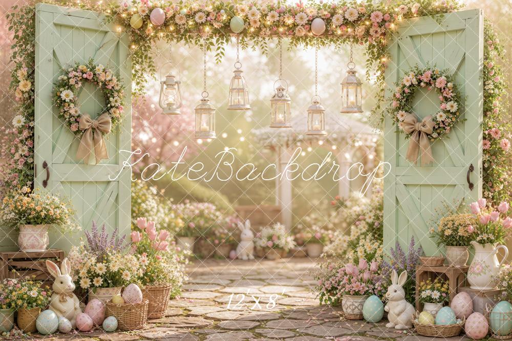 Kate Easter Spring Mint Green Door Floral Bunny Garden Printed Backdrop Designed by Emetselch