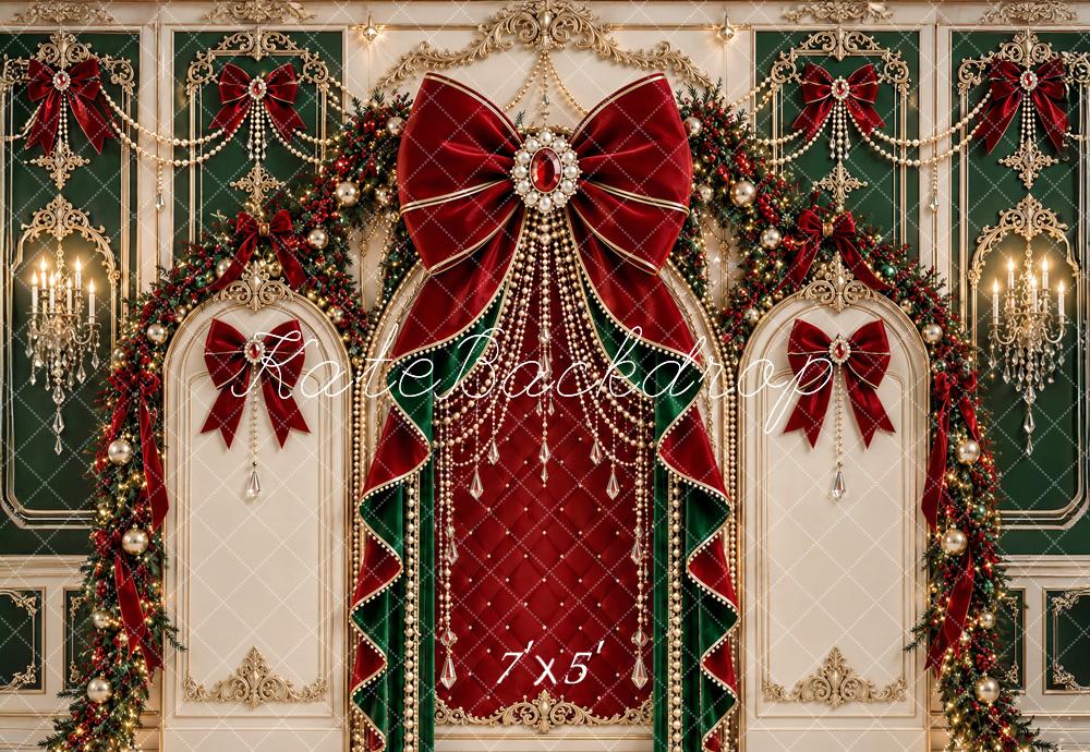 Kate Christmas Baroque Red Bow Wreath Ornate Printed Backdrop Designed by Ashley Paul
