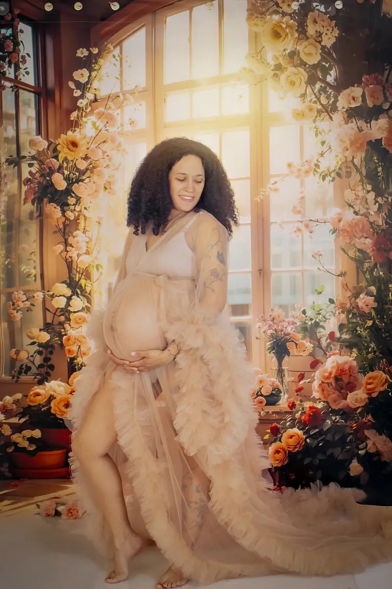 Kate Spring Sunshine Indoor Purple and Pink Flower Arch Glass Window Backdrop Designed by Emetselch