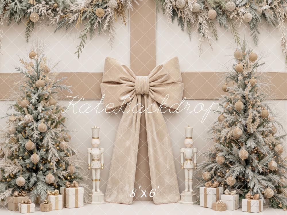 Kate Christmas Beige Bow Nutcracker Trees Printed Backdrop Designed by Mini MakeBelieve