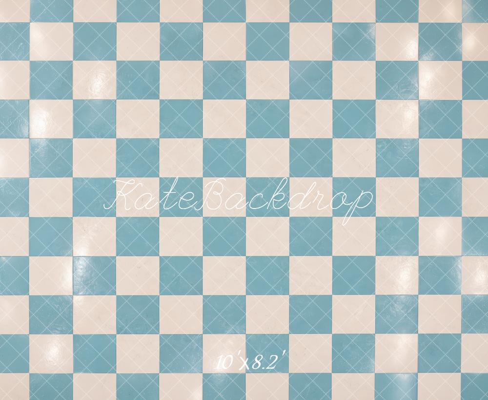 Kate Blue Cream Checkerboard Floor Printed Backdrop Designed by Laura Bybee