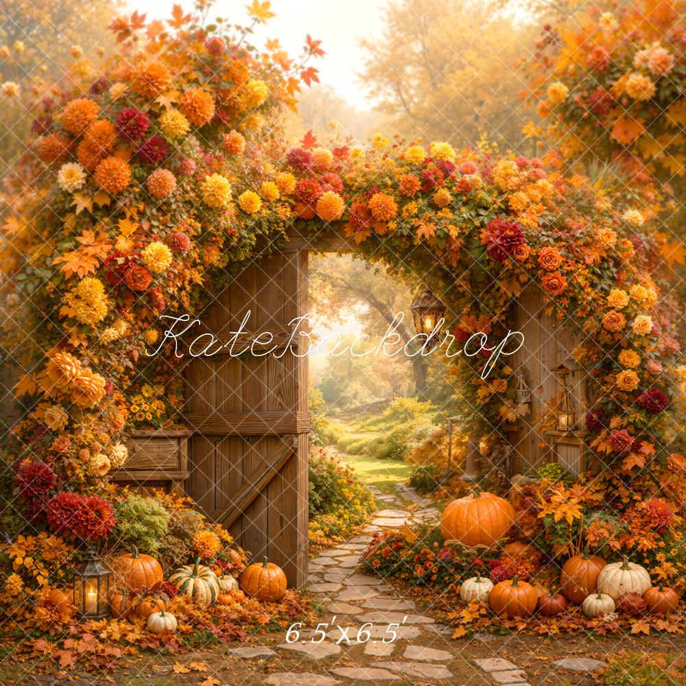 Kate Fall Flower Arch Wood Door Pumpkin Garden Printed Backdrop Designed by Emetselch