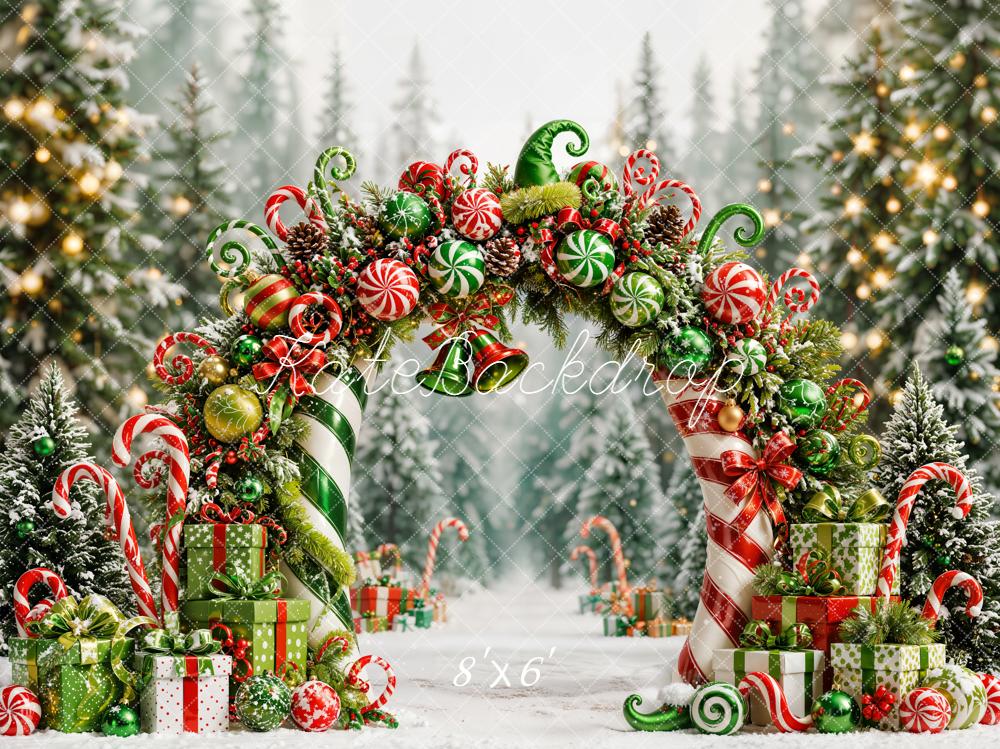 Kate Christmas Green Fantasy Candy Arch Forest Presents Snowy Printed Backdrop Designed by Emetselch
