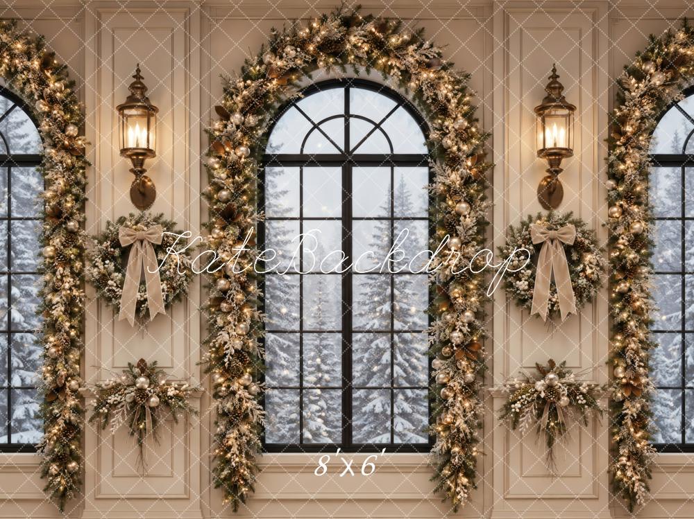 Kate Christmas Elegant Garland Arched Windows Printed Backdrop Designed by Vertigo Productions