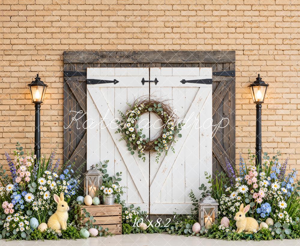Kate Easter White Barn Door Flower Wreath Bunny Printed Backdrop Designed by Emetselch