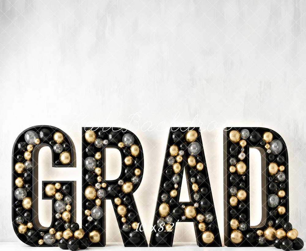 Kate Graduation Black Gold Silver Balloons Printed Backdrop Designed by Patty Roberts