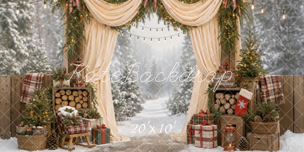 Kate Christmas Outdoor Cream Curtains Arch Pine Trees Plaid Gifts Wood Printed Backdrop Designed by Emetselch