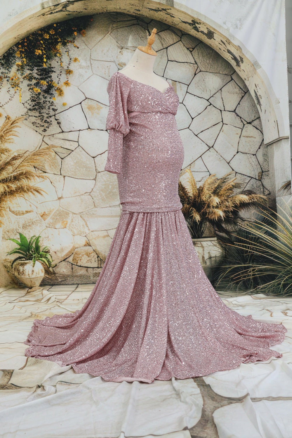 Kate Sequin Embroidery Trailing Detachable Sleeve Custom Maternity Photoshoot Gowns