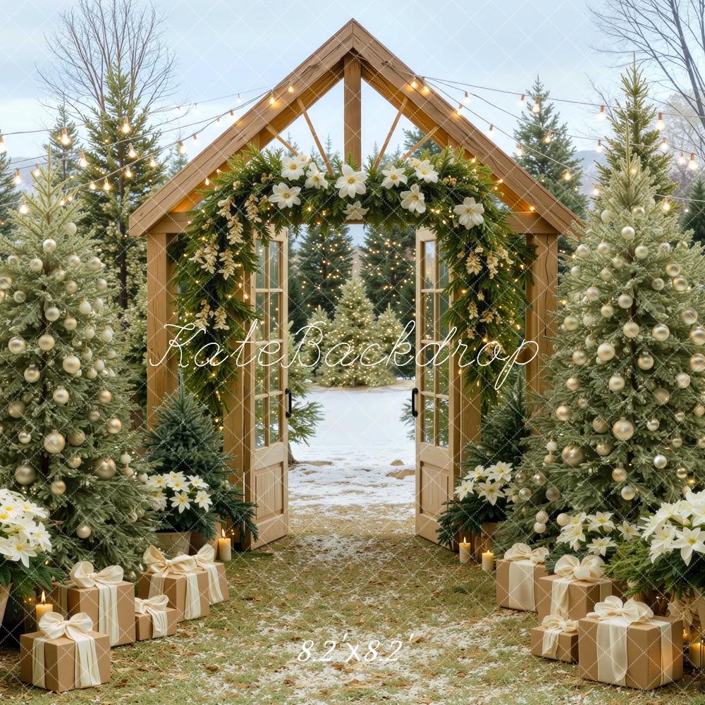 Kate Christmas Rustic Wood Arch Christmas Tree Presents Poinsettia Printed Backdrop Designed by Mini MakeBelieve