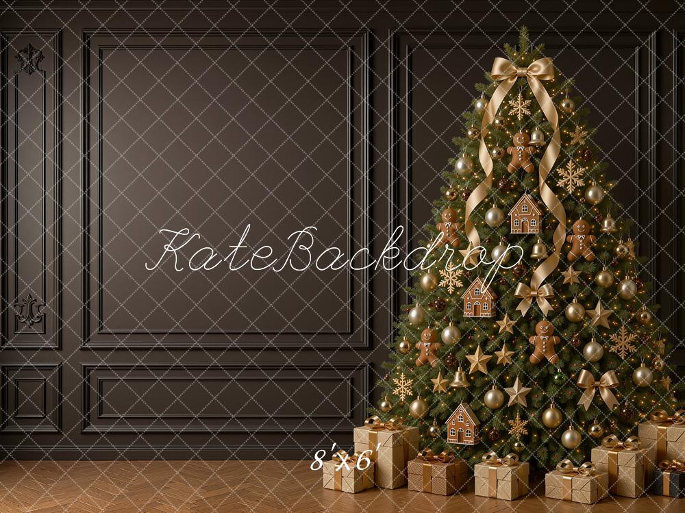 Kate Christmas Gingerbread Tree Gifts Black Paneled Wall Printed Backdrop Designed by Shutter Swan Studios