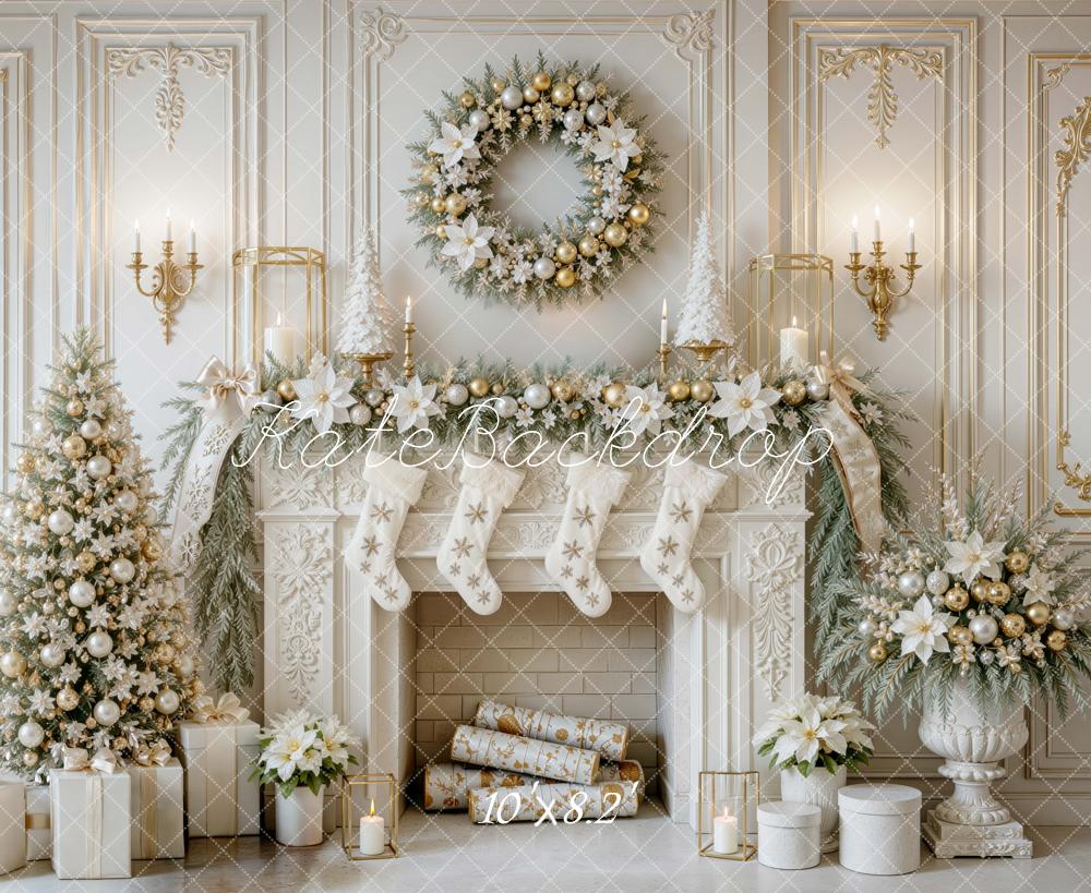 Kate Christmas Vintage Gold Fireplace Tree Wreath Printed Backdrop Designed by Mini MakeBelieve