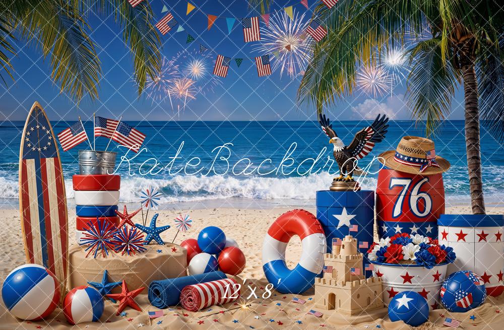 Kate Summer Patriotic Beach Fireworks Surfboard Eagle Sandcastle Printed Backdrop Designed by Emetselch