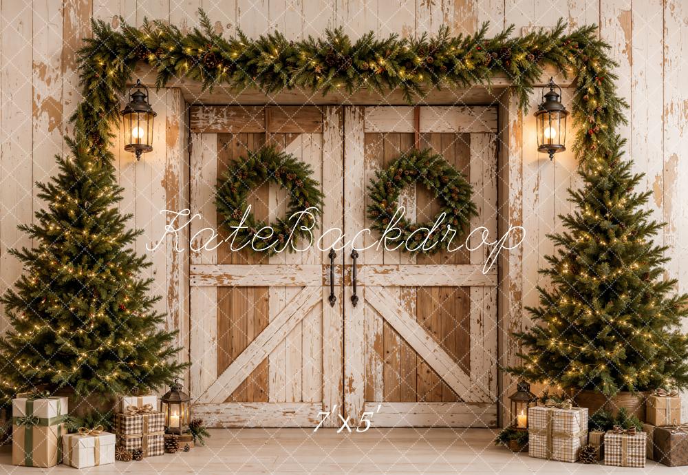 Kate Christmas Barn Doors Vintage Evergreen Trees Garland Printed Backdrop Designed by Emetselch