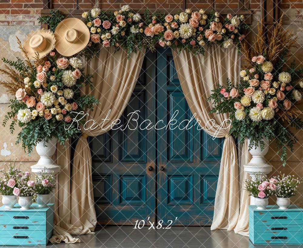 Kate Spring Flower Arch Blue Door Beige Drapes Backdrop Designed by Mini MakeBelieve