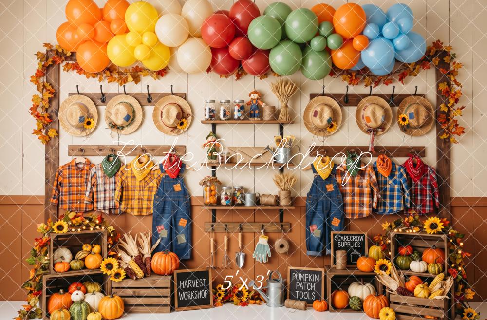 Kate Fall Birthday Little Scarecrow Workshop Pumpkins Balloons Printed Backdrop Designed by Patty Roberts