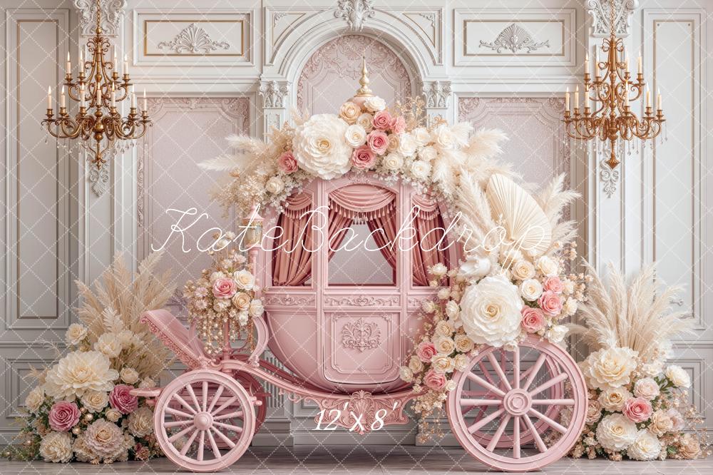 Kate Fairytale Pink Carriage Flower Arch Chandelier Palace Printed Backdrop Designed by Mini MakeBelieve