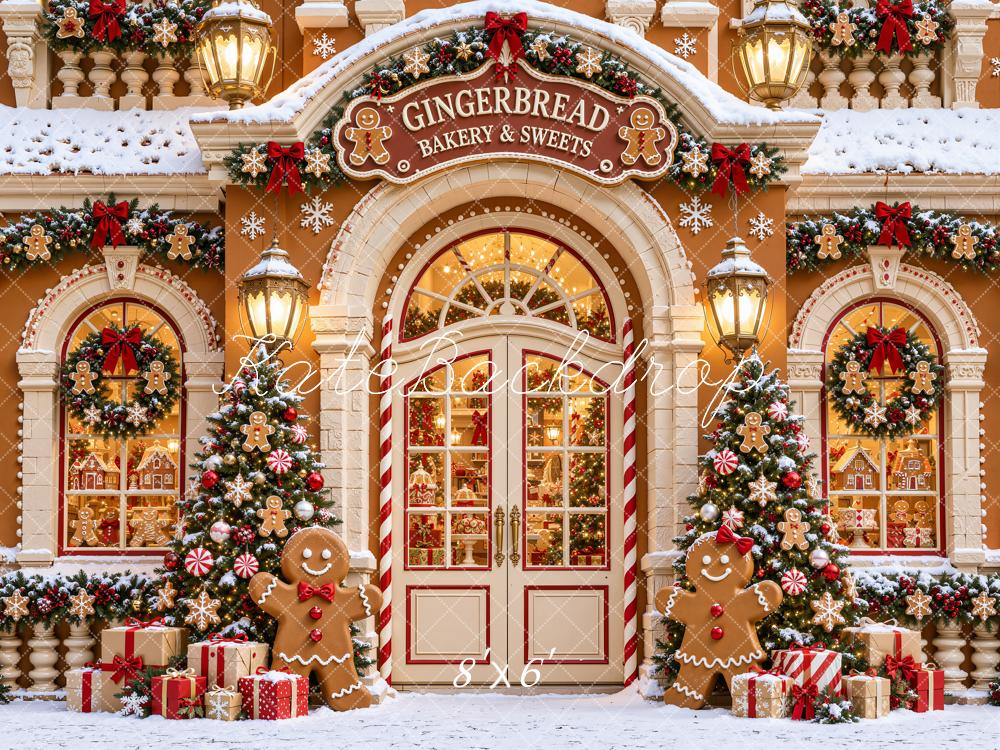 Kate Christmas Gingerbread Bakery Snowy Storefront Printed Backdrop Designed by Emetselch