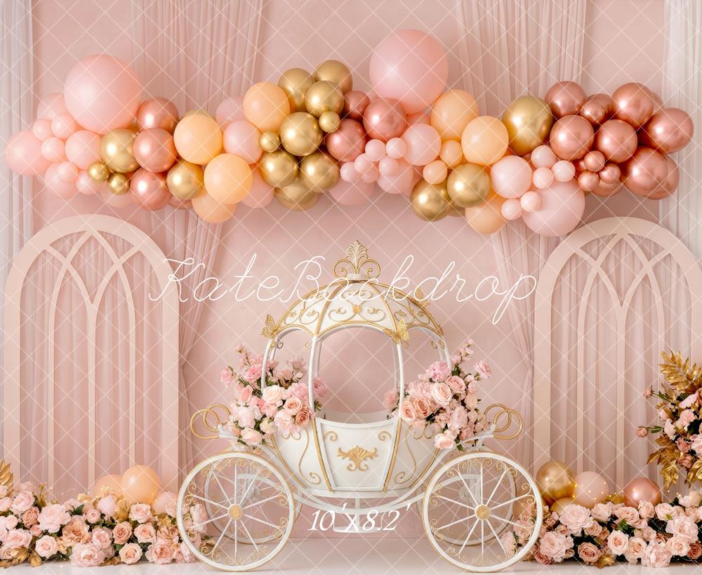 Kate Fairy Fantasy Carriage Pink Gold Balloons Floral Arch Printed Backdrop Designed by Patty Roberts