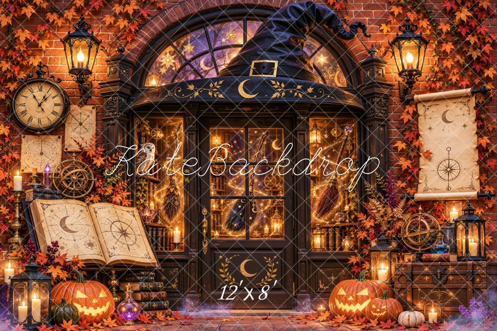 Kate Halloween Magical Apothecary Pumpkin Clock Library Printed Backdrop Designed by Emetselch