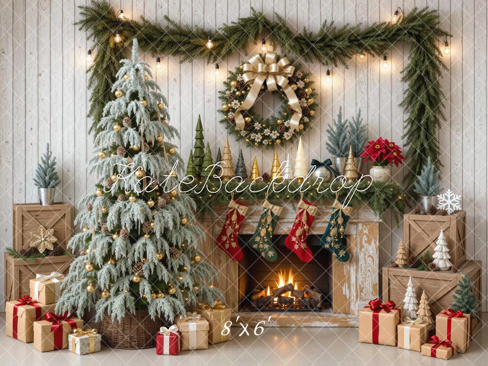 Kate Christmas Fireplace Snowy Tree Wreath Gifts Stockings Printed Backdrop Designed by Mini MakeBelieve
