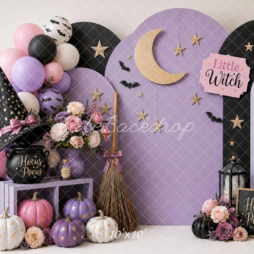 Kate Halloween Birthday Witch Hat Purple Moon Pumpkins Balloons Printed Backdrop Designed by Shutter Swan Studios