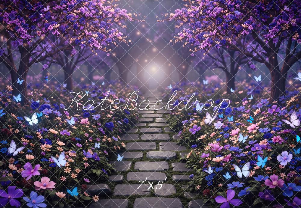 Kate Fairy Fantasy Stone Path Purple Flowers Butterflies Printed Backdrop Designed by Mini MakeBelieve
