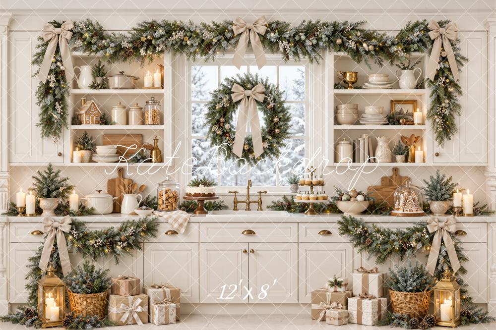 Kate Christmas Kitchen Cream Garland Bows Window Printed Backdrop Designed by Emetselch