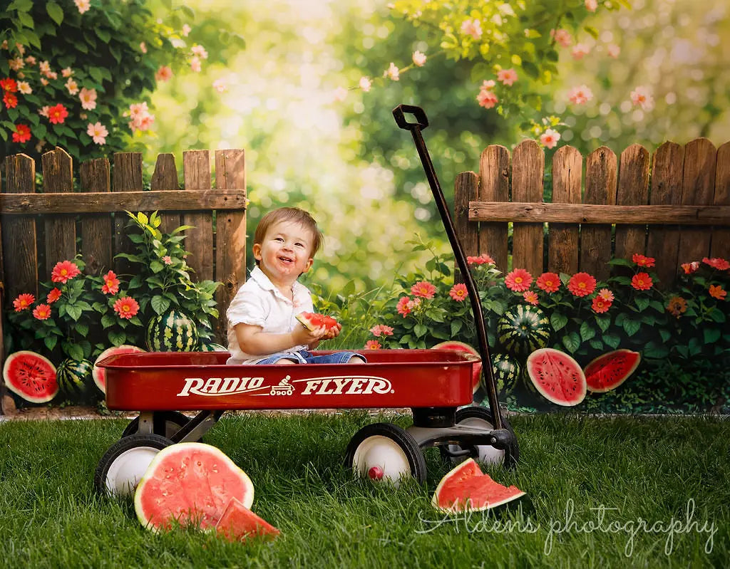 Kate Summer Bokeh Green Plant Colorful Flower Watermelon Brown Fence Printed Backdrop Designed by Emetselch