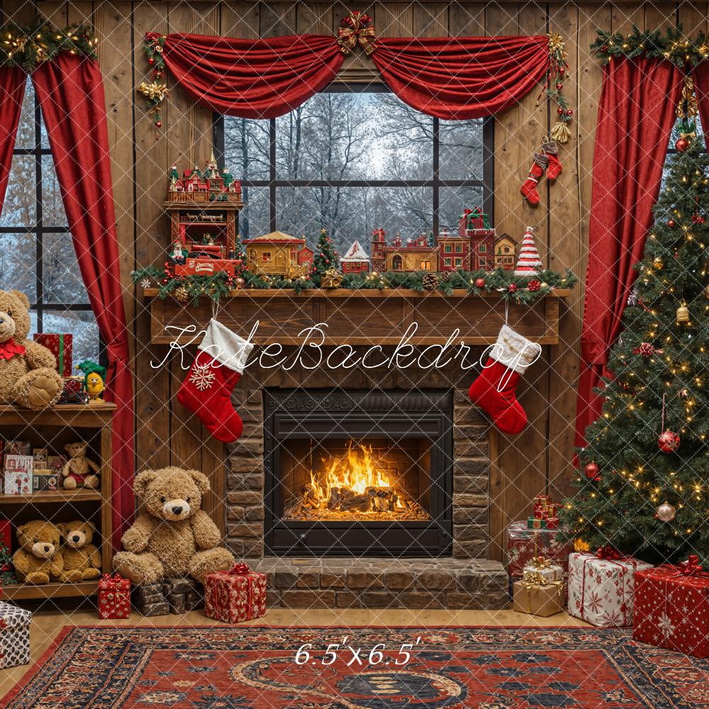 Kate Christmas Tree Fireplace Teddy Bear Toys Gifts Backdrop Designed by Emetselch