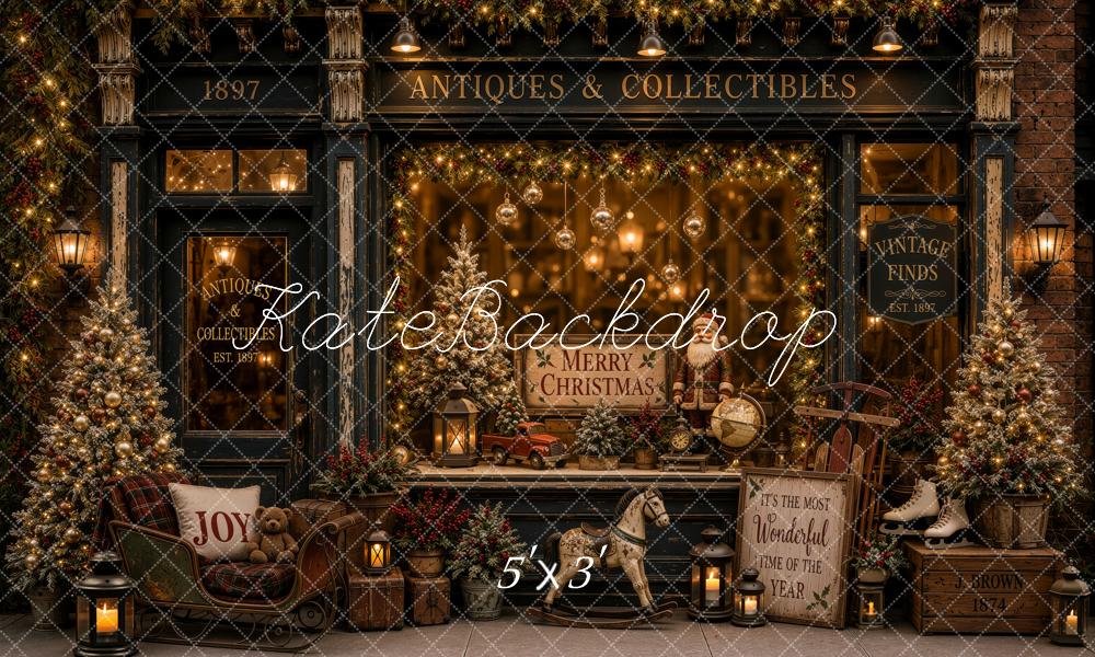 Kate Christmas Antique Window Display Storefront Garland Trees Sled Printed Backdrop Designed by Ashley Ward
