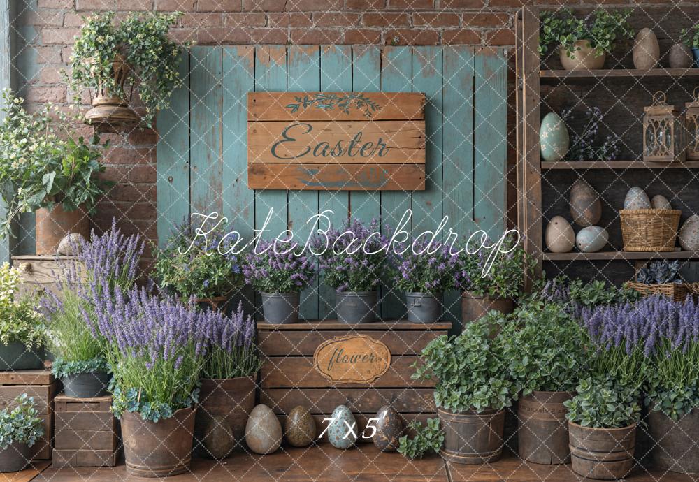 Kate Easter Rustic Eggs Lavender Flowers Wood Shelves Backdrop Designed by Emetselch