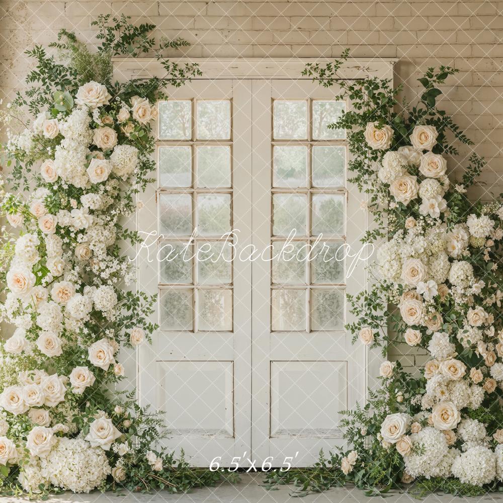 Kate Spring Flower Arch French Doors Beige Wall Printed Backdrop Designed by Emetselch