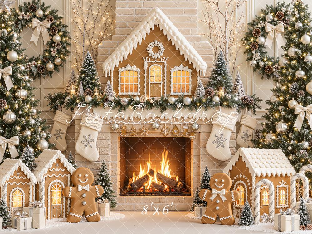 Kate Christmas Gingerbread Fireplace Christmas Trees Wreath Printed Backdrop Designed by Emetselch