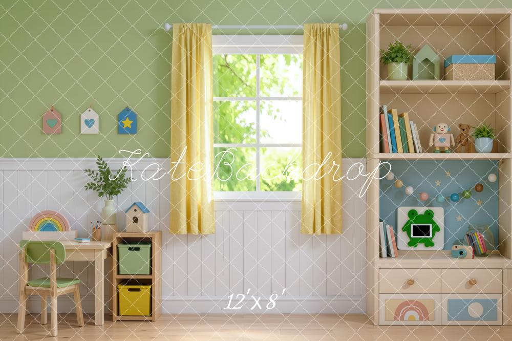 Kate Kids Toys Playroom Window Cabinet Desk Printed Backdrop Designed by Mini MakeBelieve