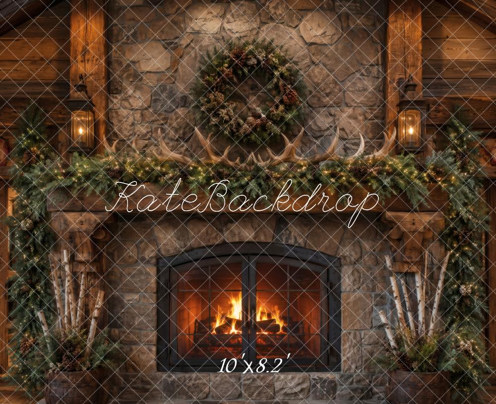 Kate Christmas Rustic Stone Fireplace Wreath Garland Antlers Lanterns Printed Backdrop Designed by Vertigo Productions