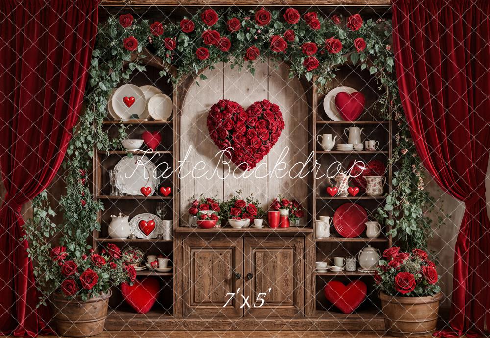 Kate Valentines Red Roses Heart Rustic Cabinet Curtains Backdrop Designed by Emetselch
