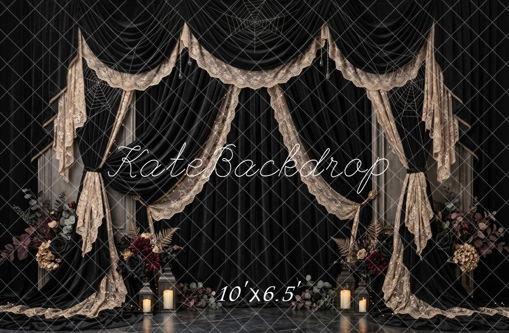 Kate Halloween Gothic Black Lace Victorian Mourning Drapery Printed Backdrop Designed by Patty Roberts
