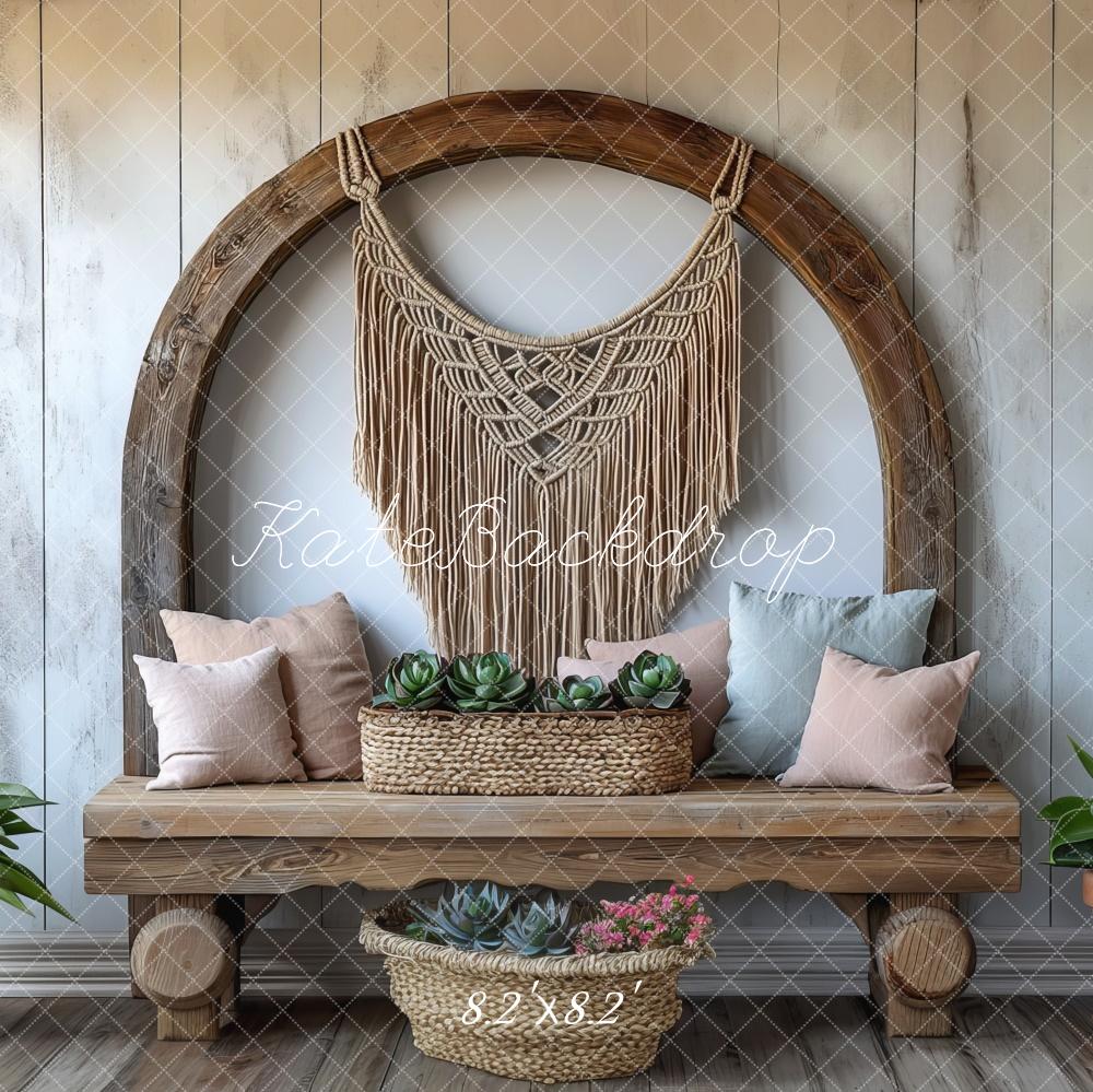 Kate Boho Macrame Wood Bench Backdrop Designed by Mini MakeBelieve