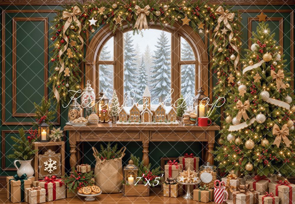 Kate Christmas Tree Arched Window Gingerbread Gifts Printed Backdrop Designed by Mini MakeBelieve