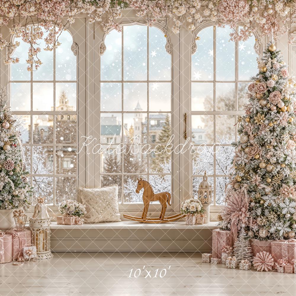 Kate Christmas Frosted Tree Pink Gifts Window Rocking Horse Backdrop Designed by Emetselch