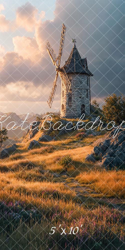 Kate Sweep Windmill Stone Tower Golden Meadow Printed Backdrop Designed by Chain Photography