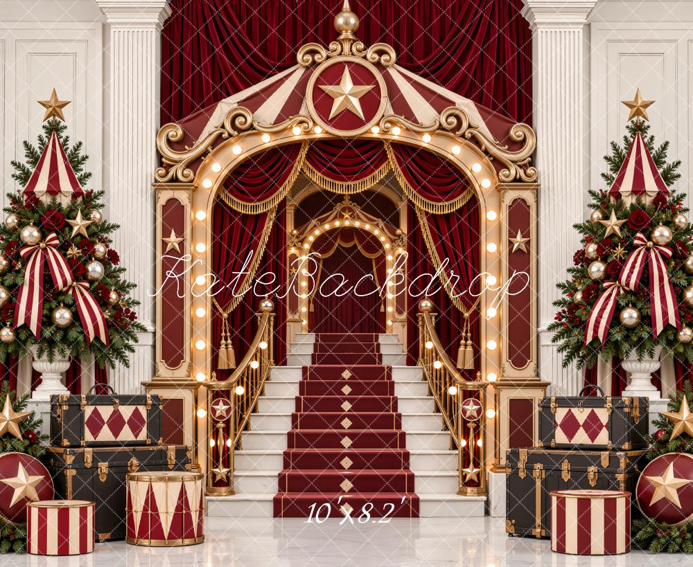 Kate Christmas Circus Staircase Theatrical Entrance Christmas Trees Printed Backdrop Designed by Emetselch