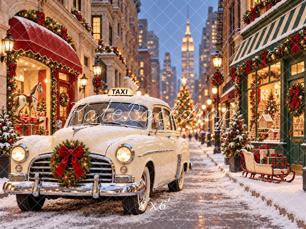 Kate Christmas Vintage Taxi Shop Snowy City Street Printed Backdrop Designed by Emetselch