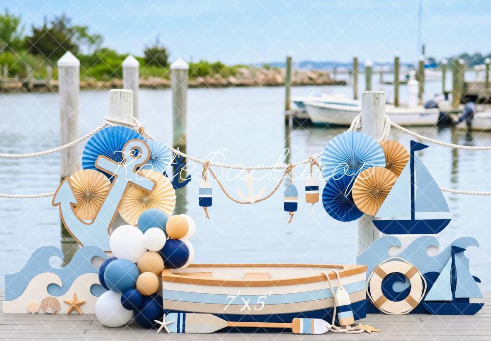 Kate Cake Smash Nautical Dock Boat Anchor Sailboat Blue Printed Backdrop Designed by Patty Roberts