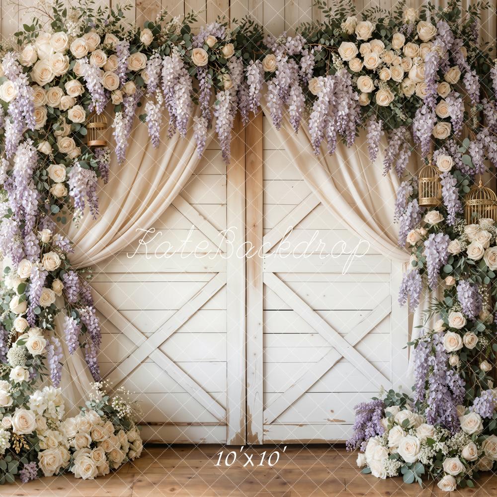 Kate Spring Flower Arch White Barn Door Lavender Roses Backdrop Designed by Emetselch