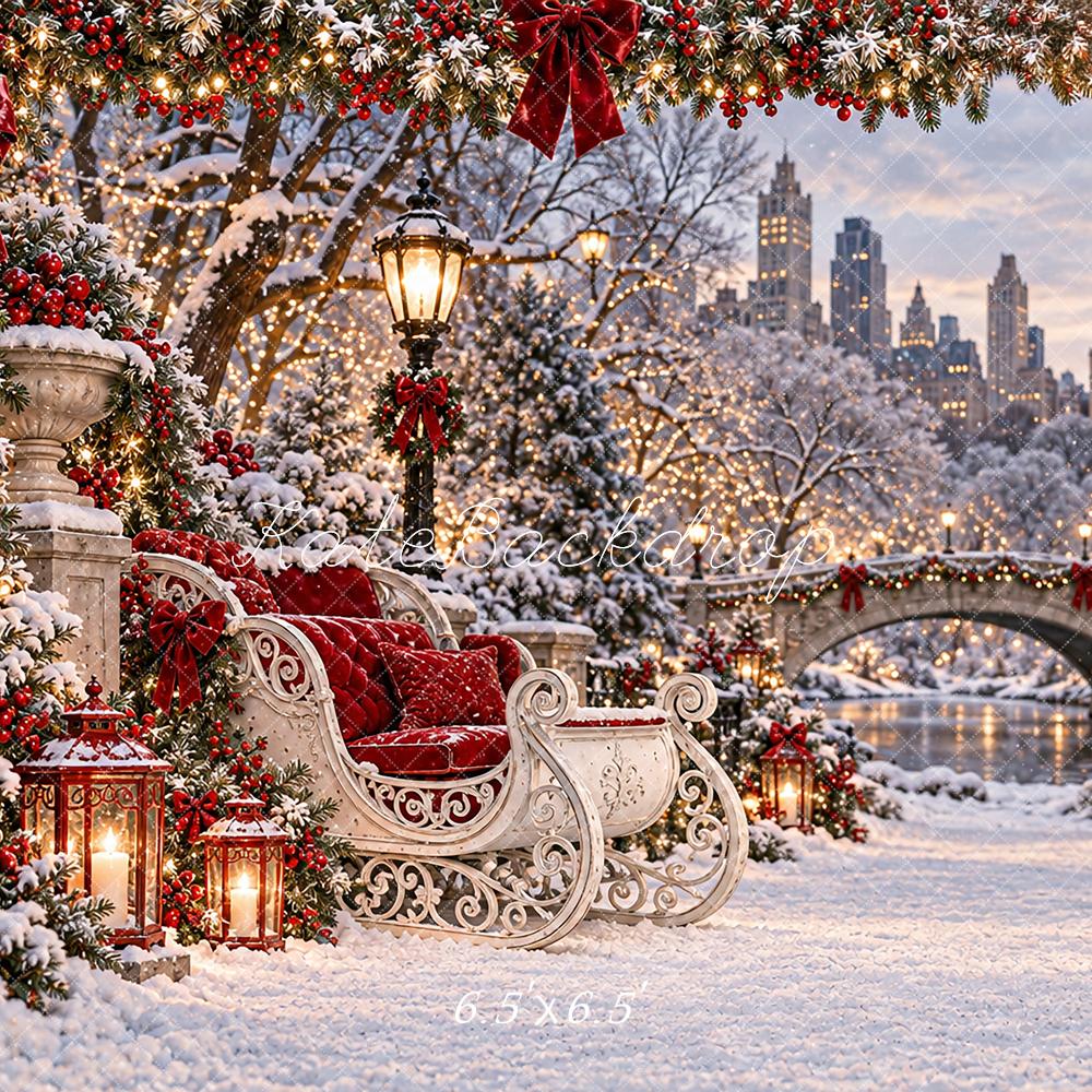 Kate Christmas Snowy City Central Park Sleigh Printed Backdrop Designed by Angela Miller