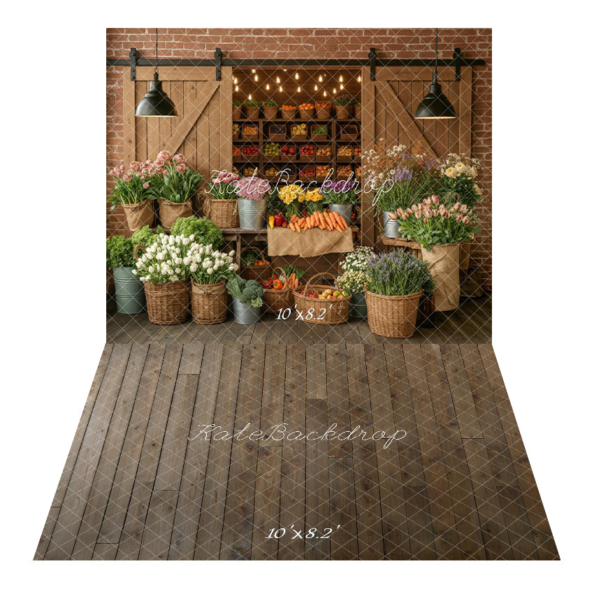 Kate Flower Market Fruits Vegetables Baskets Barn Brick Wall Printed Backdrop+Brown Retro Wall Wooden Plank Printed Backdrop