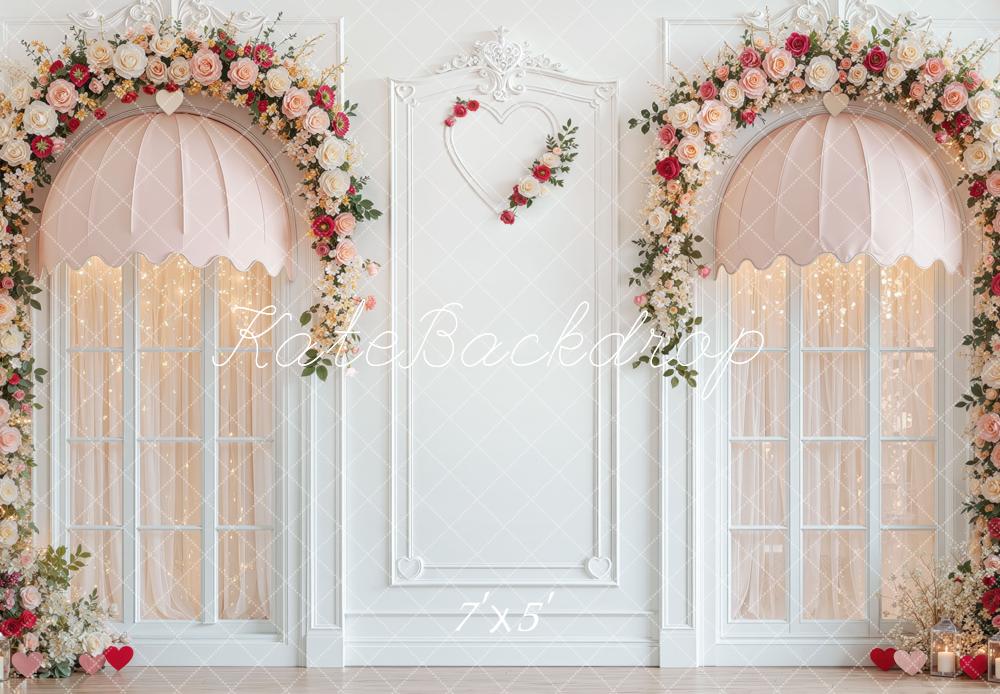 Kate Valentine's Day Pink Awning Windows Rose Arch Printed Backdrop Designed by Mini MakeBelieve